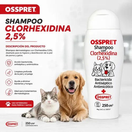 Shampoo Clorhexidina Perfumado Osspret Perros Gatos 250ml - Image 2
