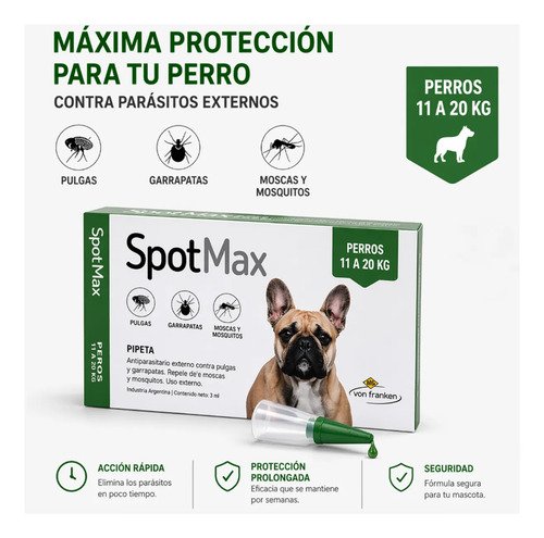 Pipeta Spotmax Perros 11 A 20kg Pulgas Garrapatas Mosquitos Verde - Image 3