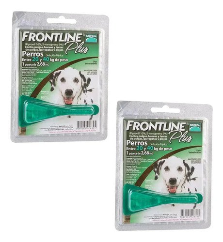 Pipeta Frontline Plus Perros 20 A 40 Kg X2 Pulgas Garrapatas Agua