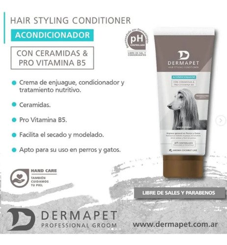 Dermapet Acondicionador Enjuague Hair Styling 250ml Perro Coco - Image 3