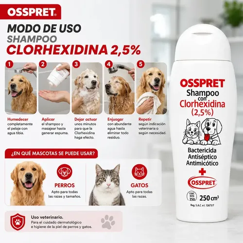 Shampoo Clorhexidina Perfumado Osspret Perros Gatos 250ml - Image 3