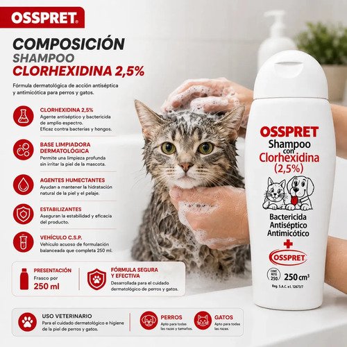 Shampoo Clorhexidina Perfumado Osspret Perros Gatos 250ml - Image 4