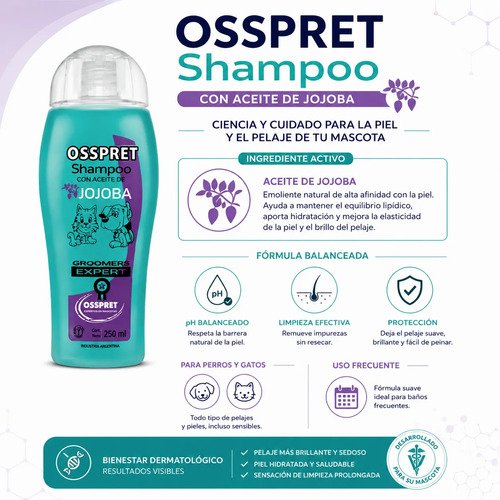 Shampoo Osspret Aceite Jojoba X250ml Perros Gatos Ph Neutro Frutal Fresco - Image 2