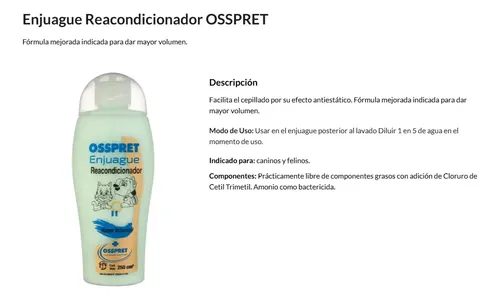 Reacondicionador Antiestático Osspret 250ml Perros Gatos Fragancia Manzana - Imagen 4