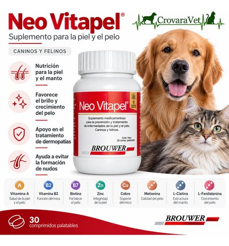 Suplemento Neo Vitapel Perro Gato Caida Pelo X30 Comprimidos - Imagen 2